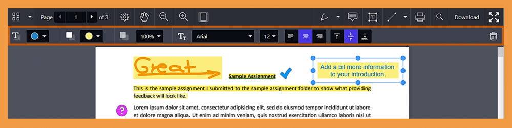 Screenshot of a text comment example in an annotated text and further customisation options via the menu bar at the top of the annotation page